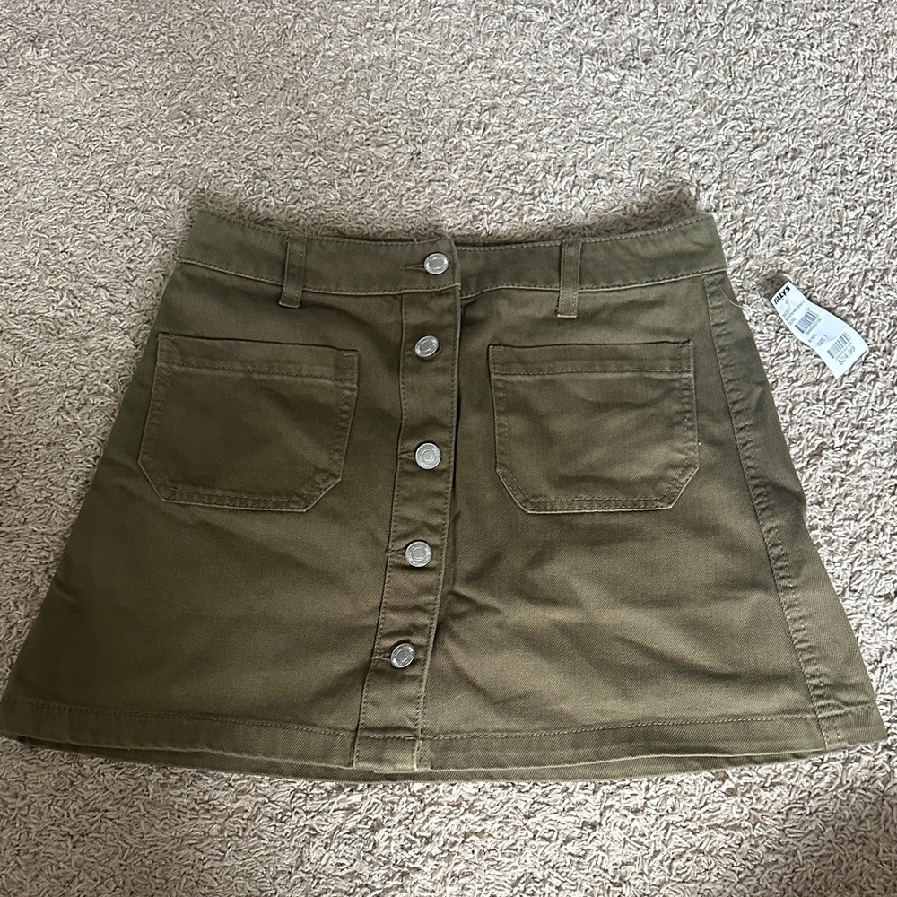Olive Button-Front A-Line Skirt